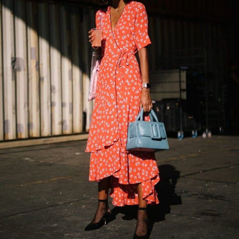 Ganni Red Floral Midi Wrap Dress Size 6